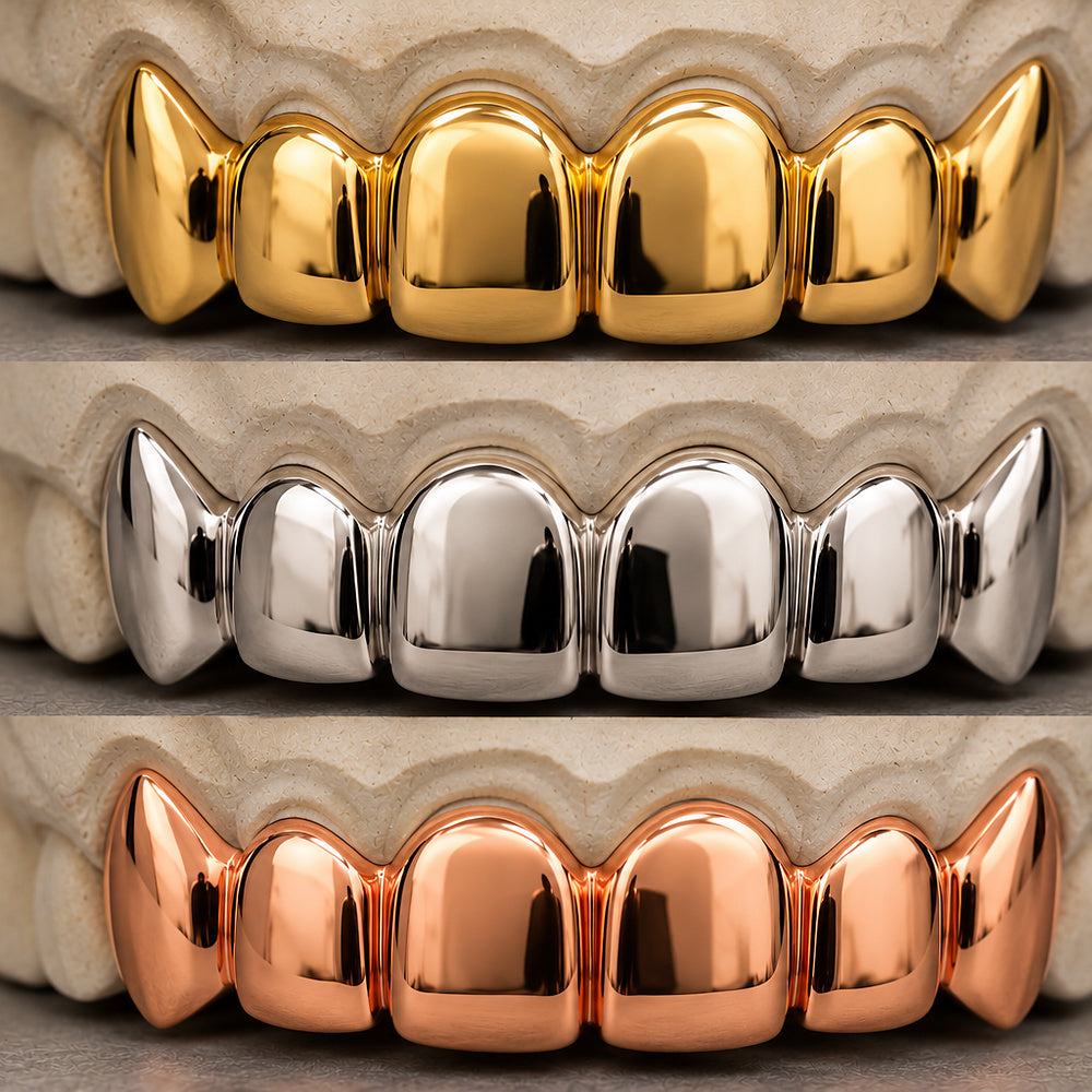 Custom Solid Gold Grillz in Yellow Gold, White Gold and Rose Gold