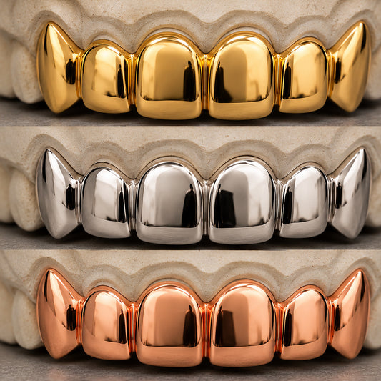 Custom Solid Gold Grillz in Yellow Gold, White Gold and Rose Gold