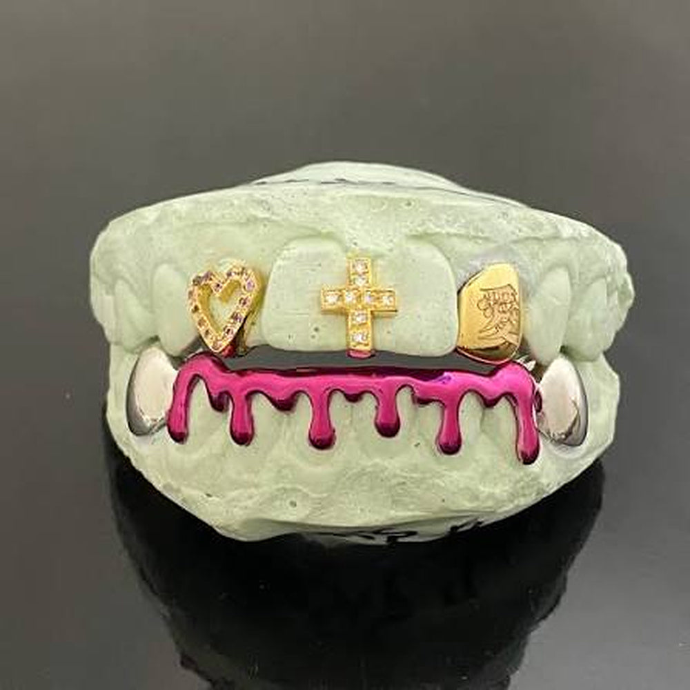 Partial enamel grillz with pink drip design