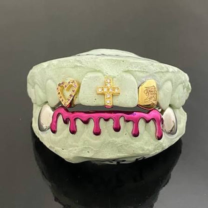 Partial enamel grillz with pink drip design