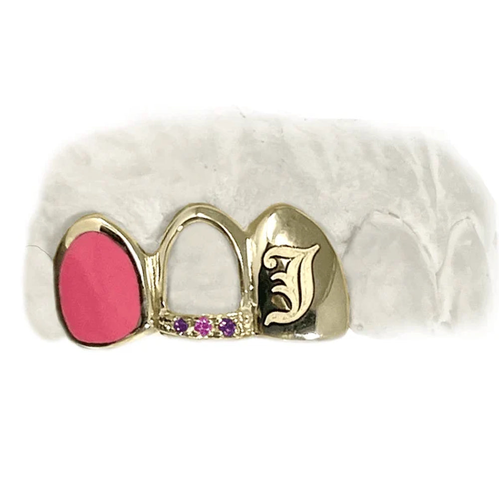 Partial enamel grillz with pink enamel tooth